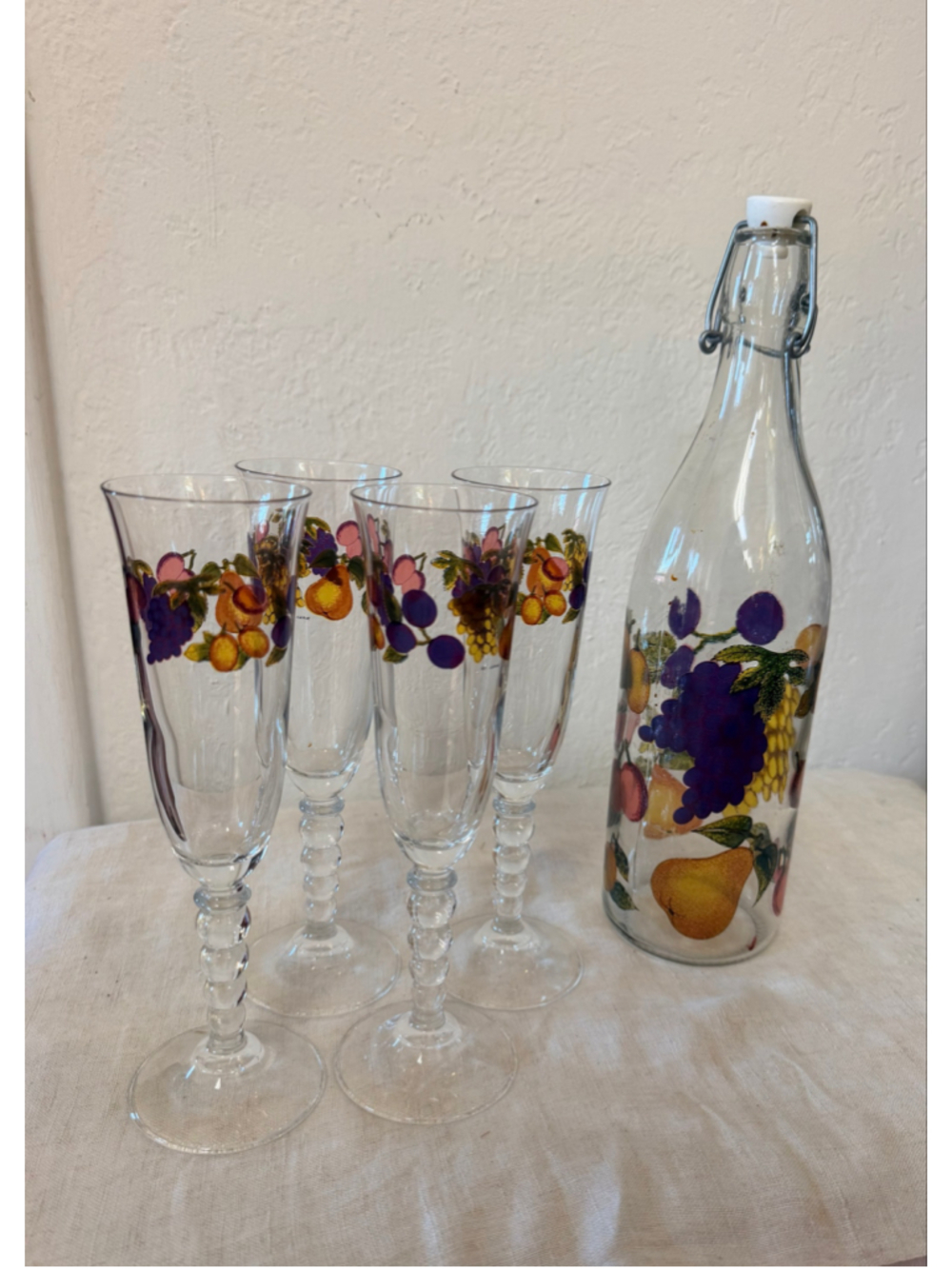 Vintage CERVE DeValbor Italy Fruit Champagne Flutes and Bottle 5 Pc Barware Set